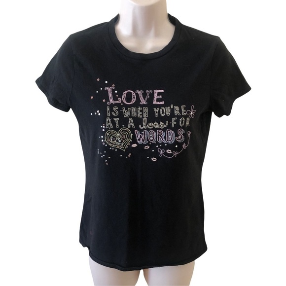 Graphic black tee, stitching and sequins, small - Picture 1 of 5